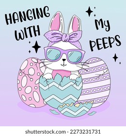 Hanging with my peeps , Bunny Sunglas Lopard Easter T-Shirt , Bunny Easter day T-Shirt ,Cute Rabbit Lover Easter Day Leopard T-Shirt design template vector , Vector Graphic. Vintage, Typography