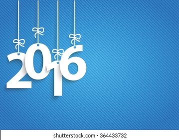 Hanging numbers 2016 on a blue striped background. Eps 10 vector file.