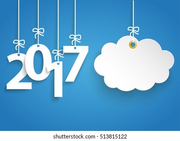 Hanging numbers 2017 and cloud sticker on the blue striped background. Eps 10 vector file.