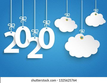 Hanging numbers 2020 and cloud stickers on the blue striped background. Eps 10 vector file.