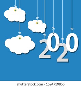 Hanging numbers 2020 and clouds stickers on the blue background