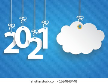 Hanging numbers 2021 and cloud sticker on the blue striped background. Eps 10 vector file.