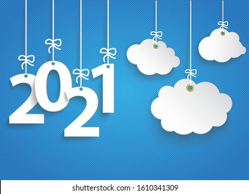 Hanging numbers 2021 and cloud stickers on the blue striped background. Eps 10 vector file.