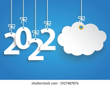 Hanging numbers 2022 and cloud sticker on the blue striped background. Eps 10 vector file.