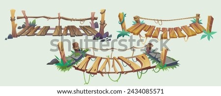 Hanging old bridge with rope, stones and green grass for game ui design. Cartoon vector illustration set of wooden suspension dangerous risky footbridge straining over abyss at edge of cliff.
