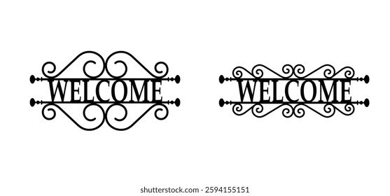 Hanging old signboard with slogan welcome. Front side view. Outdoor hanging shop sign board. Blank hotel, shop or store vintage. Ornate signs post. Ornamental corners, decoration, retro style.