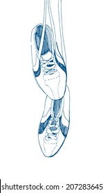Hanging old sport shoes vector illustration on white background