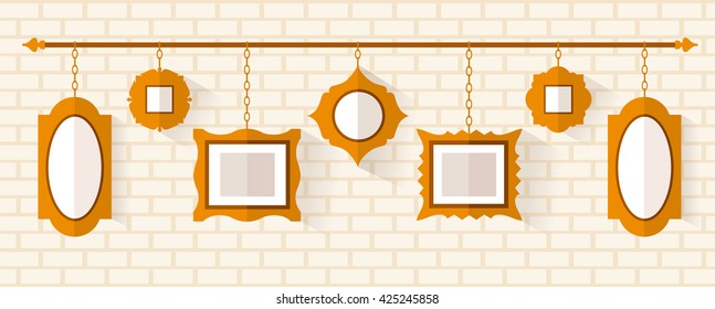 Hanging on the chain frame. Vector illustration in flat style. A set of frames in different designs and shapes on a brick wall.