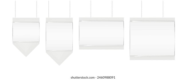 Hanging on chain supermarket promotion banner display board. Vector mock-up set. Isolated ceiling white sign holder for retail store. Mockup kit. Template for design