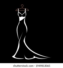 An einem Hanger zu hängen ist ein schönes Gesicht und glänzendes Kleid für Hochzeit, Abend oder Feste. Schönheit und Mode. Hintergrundvektorgrafik-Vorlage für Einladung, Flyer oder Karte.