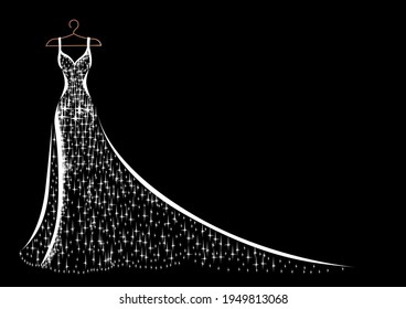 Hanging on a hanger is a beautiful lace and sparkly dress for wedding, evening or prom. Beauty and fashion. Background vector illustration template for invitation, flyer or card.