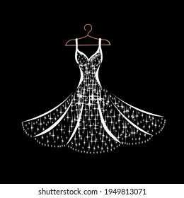 Hanging on a hanger is a beautiful lace and sparkly dress for wedding, evening or prom. Beauty and fashion. Background vector illustration template for invitation, flyer or card.