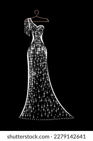 Colgar en una percha es un hermoso encaje y vestido brillante para la boda, la noche o el baile de graduación. Belleza y moda. Plantilla de ilustración vectorial de fondo para invitación, volante o tarjeta.