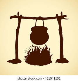 Hanging on log cast iron pan on hot embers fading campsite stew boiling potatoes. Black ink hand drawn backdrop symbol sketch in art rustic engraving graphic style. View closeup with space for text