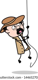 Hanging on a Rope - Retro Cartoon Police Agent Detective Vector Illustration