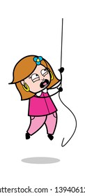 Hanging on Rope and Screaming for Help - Retro Cartoon Female Housewife Mom Vector Illustration