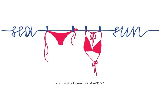 Hanging on the rope summer beach bikini. Bra and panties underwear laundry on the clothesline. Summer beach vacation. The clothesline forms the inscription 