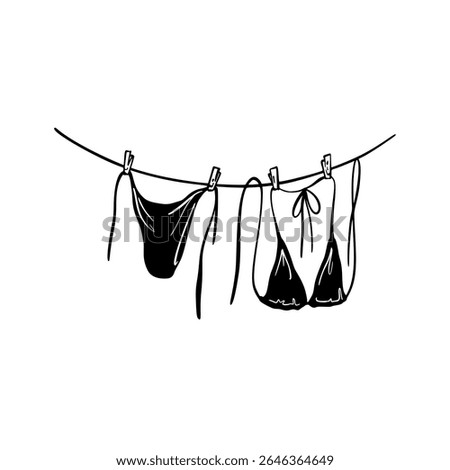 Hanging on the rope summer beach bikini linocut doodle illustration. Drying swimsuit silhouette. Bra and panties underwear laundry on the clothesline. Summer beach vacation doodle design element