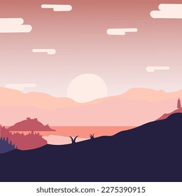hanging on tree, enjoying calm nature, solitude. Peaceful carefree young girl sitting on seesaw outdoors near water on summer holiday flat vector illustration