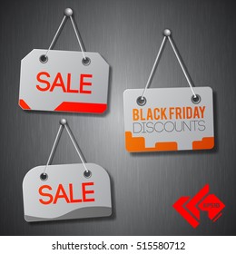 Hanging on wall black friday sale signs set flat isolated vector illustration