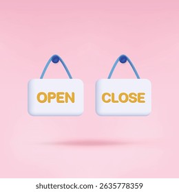 Hanging Open and Close sign board isolated on pastel 3d mesh and gradient vector illustration background