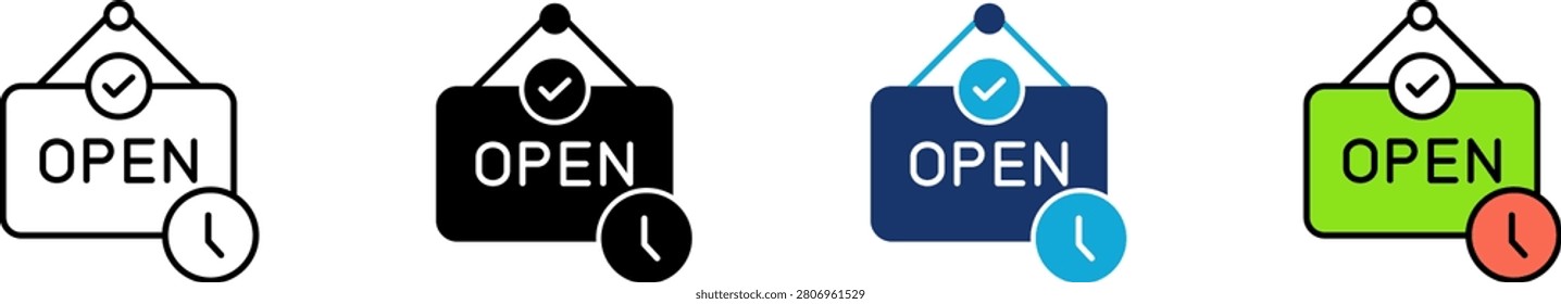 Hanging open sign icon set showing professional storefront hours notice with checkmark and clock for retail boutique store business schedule and welcome message management