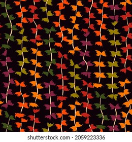 Hanging orchid garland seamless pattern. Fall leaves background. Autumn flowers motif. Brushstrokes floral print. Natural organic texture. Paint brush smears design wallpaper. Hand drawn ornament