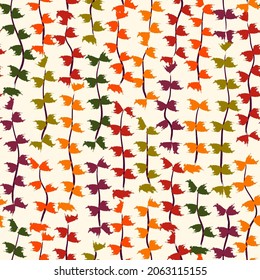 Hanging orchid garland seamless pattern. Fall leaves background. Autumn flowers motif. Brushstrokes floral print. Natural organic texture. Paint brush smears design wallpaper. Hand drawn ornament