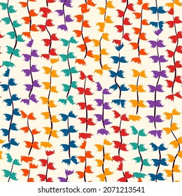 Hanging orchid garland seamless pattern. Fall leaves background. Autumn flowers motif. Brushstrokes floral print. Natural organic texture. Paint brush smears design wallpaper. Hand drawn ornament