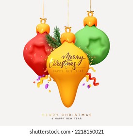 Hanging Ornaments Christmas balls on ribbon, multicolored confetti. Merry Christmas and Happy New Year festive background. Realistic 3d design of Xmas gift card, Holiday poster. Vector illustration