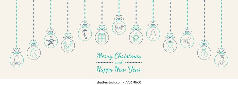 Hanging ornaments with Christmas greetings. Vector.