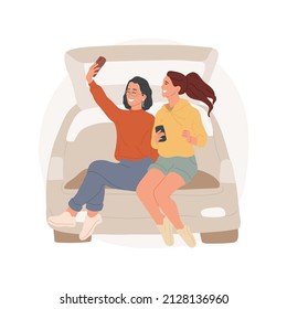Hanging out parking lot isolated cartoon vector illustration  Girls sitting in trunk  hanging out   taking selfie  teens leisure time  women having fun  outdoor activity vector cartoon 