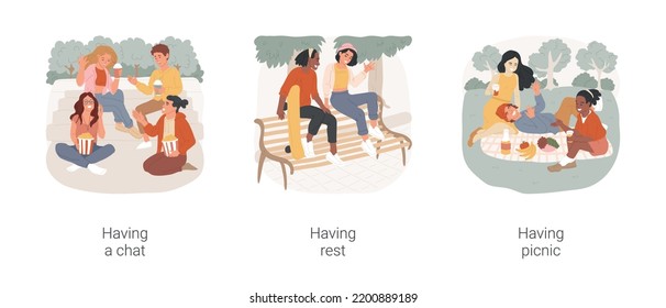 Hanging Out In The Park Isolated Cartoon Vector Illustration Set. Teens Snacking And Chatting, Teenage Couple Having Rest With Skateboard, Picnic In The Park, Sitting On The Grass Vector Cartoon.