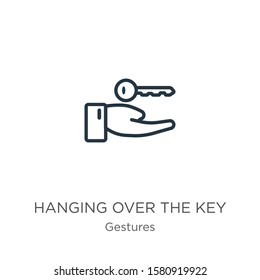 Hanging over the key icon. Thin linear hanging over the key outline icon isolated on white background from gestures collection. Line vector sign, symbol for web and mobile