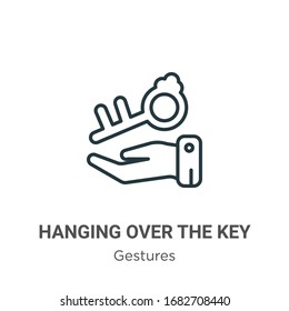 Hanging over the key outline vector icon. Thin line black hanging over the key icon, flat vector simple element illustration from editable gestures concept isolated stroke on white background