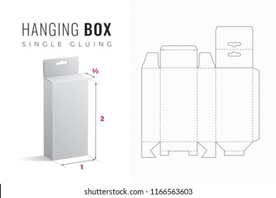 Hanging Packaging Box Die Cut Half Length Double Height Template with 3D Preview -  Black Editable Blueprint Layout with Cutting and Scoring Lines on Striped Background - Vector Draw Design