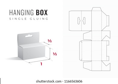 Hanging Packaging Box Die Cut Half Height and Length Template with 3D Preview - Black Editable Blueprint Layout with Cutting and Scoring Lines on Striped Background - Vector Draw Design