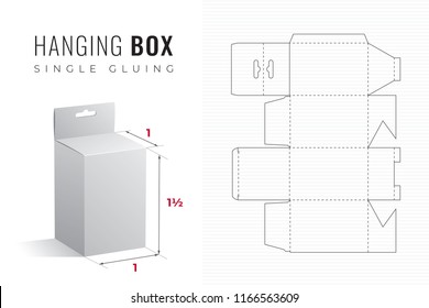 Hanging Packaging Box Die Cut One and a Half Height Single Width Template with 3D Preview - Black Editable Blueprint Layout with Cutting and Scoring Lines on Striped Background - Vector Draw Design