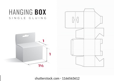 Hanging Packaging Box Die Cut One and Half Width Single Height Template with 3D Preview -  Black Editable Blueprint Layout with Cutting and Scoring Lines on Striped Background - Vector Draw Design