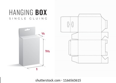 Hanging Packaging Box Die Cut Half Length One and a Half Height Template with 3D Preview - Black Editable Blueprint Layout with Cutting and Scoring Lines on Striped Background - Vector Draw Design