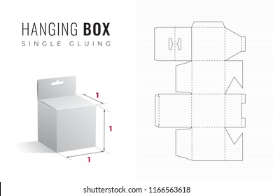 Hanging Packaging Box Die Cut Cubic Template with 3D Preview -  Black Editable Blueprint Layout with Cutting and Scoring Lines on Striped Background - Vector Draw Graphic Design