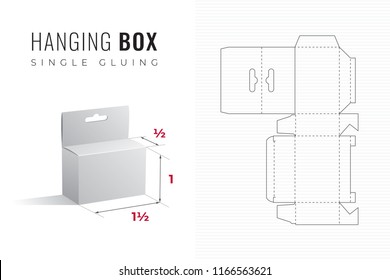 Hanging Packaging Box Die Cut One and Half Width Half Length Template with 3D Preview -  Black Editable Blueprint Layout with Cutting and Scoring Lines on Striped Background - Vector Draw Design