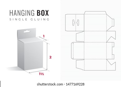 Hanging Packaging Box Die Cut One and Half Width Double Height Template with 3D Preview -  Black Editable Blueprint Layout with Cutting and Scoring Lines on Background - Vector Draw Graphic Design