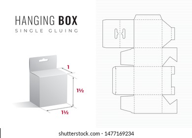 Hanging Packaging Box Die Cut One and Half Height and Width Template with 3D Preview -  Black Editable Blueprint Layout with Cutting and Scoring Lines on Striped Background - Vector Graphic Design