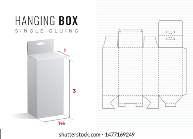 Hanging Packaging Box Die Cut One and Half Width Triple Height Template with 3D Preview -  Black Editable Blueprint Layout with Cutting and Scoring Lines on Background - Vector Draw Graphic Design
