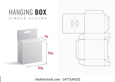 Hanging Packaging Box Die Cut One and Half Width and Height Half Length Template with 3D Preview -  Black Editable Blueprint Layout with Cutting and Scoring Lines on Background - Vector Graphic Design