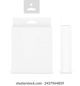 Hanging packaging box mockup for electronic and mobile accessories. Front and side views. Vector illustration isolated on grey background. Ready and simple to use for your design. EPS10.