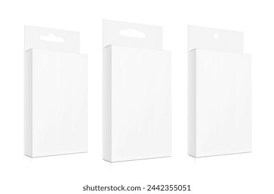 Hanging packaging box mockup for electronic and mobile accessories. Half side views. Vector illustration isolated on white background. Ready and simple to use for your design. EPS10.