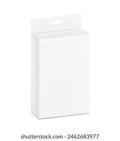 Maqueta de caja de embalaje colgante para accesorios electrónicos y móviles. Vista lateral media. Ilustración vectorial aislada sobre fondo blanco. Listo y fácil de usar para su diseño. EPS10.