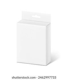 Hanging packaging box mockup for electronic and mobile accessories. Half side view. Vector illustration isolated on white background. Ready and simple to use for your design. EPS10.